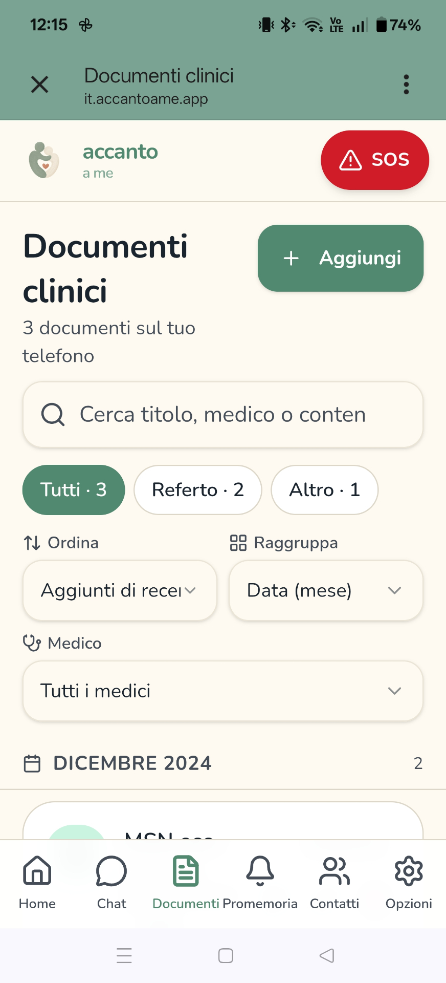 Schermata Documenti clinici con ricerca, filtri e raggruppamento