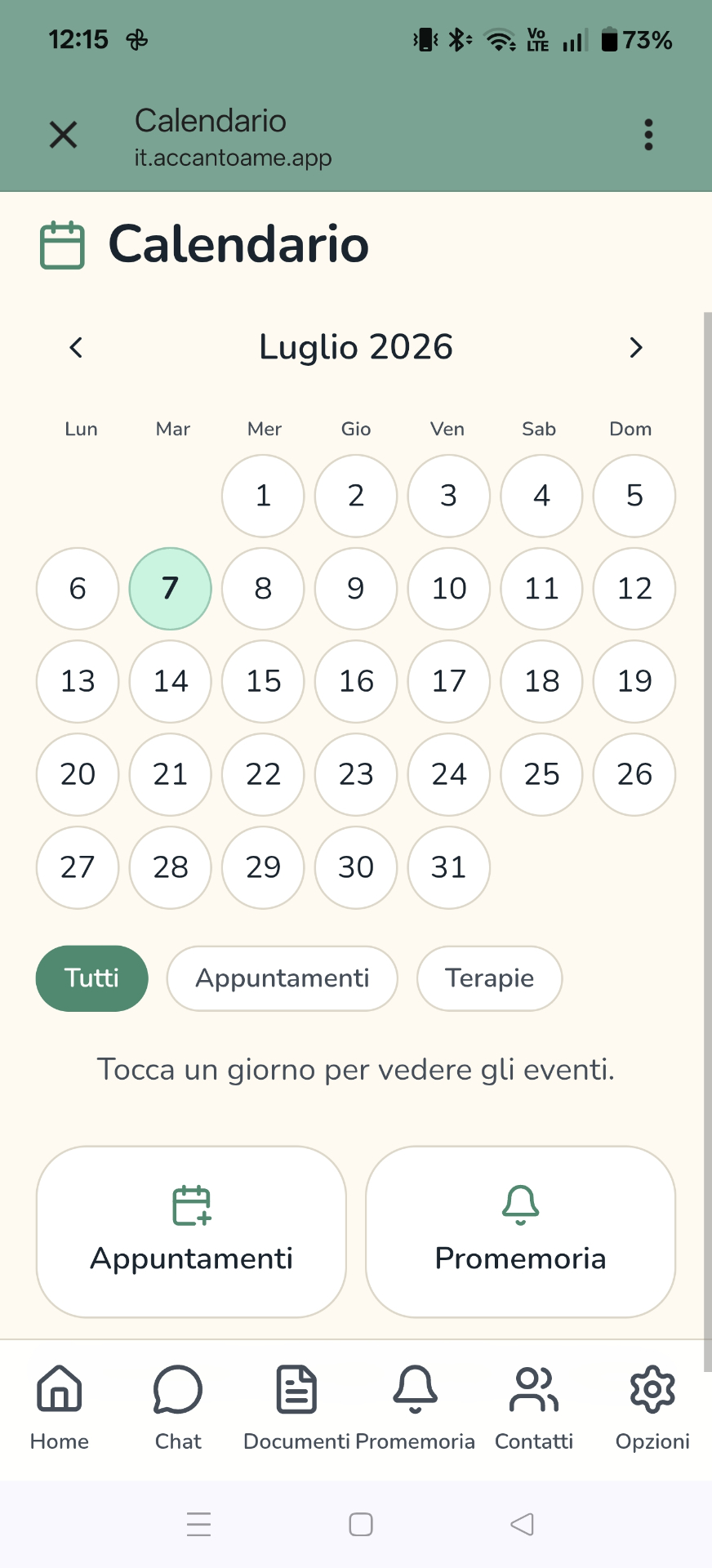 Schermata Calendario con la vista del mese e i filtri per appuntamenti e terapie