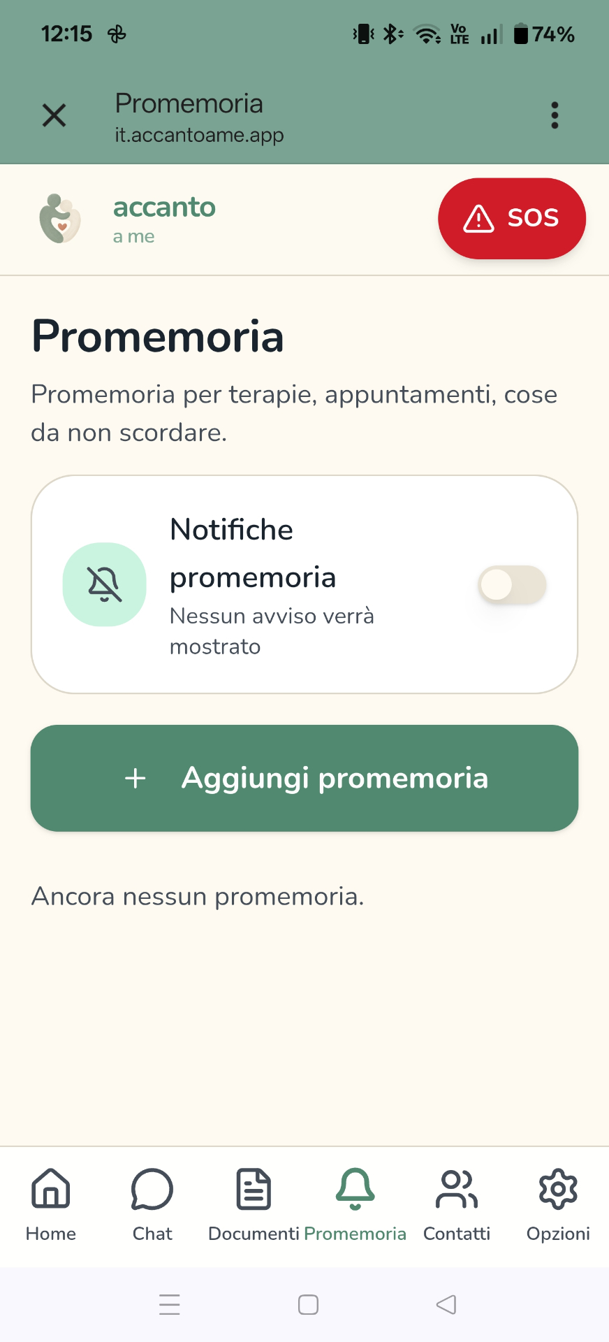 Schermata Promemoria con l'interruttore delle notifiche